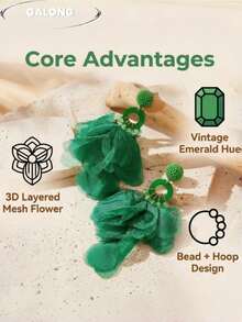 Bohemian Style Handmade Earrings, Layered Chiffon Petal Wavy Edge, Vacation Fairy Earrings - Green - View 3