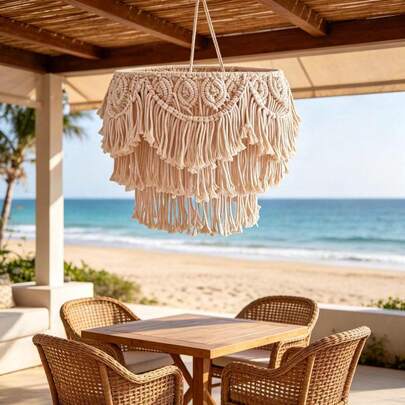 1pc Macrame Lampshade, Bohemian Style Hanging Pendant Light Decor Shade - Handwoven Minimalist Tassel Trim Lamp Shade, Excluding Light And Power Supply