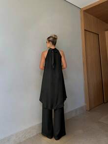 Women's 2-Piece Set, Elegant Solid Color Front Short Back Long Twist Halter Neck Top And Long Pants, Suitable For Party, Vacation, Street, Date In Spring/Summer Black - Black - View 2