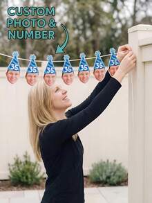 7/14/21pc Custom Photo & Number Birthday Hat Banner – Personalized Blue Striped Party Hat Garland With Face Photo | First Birthday, Back To School - Multicolor - View 3