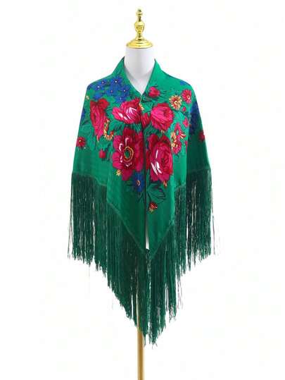 Classic Printed Women's Shawl, Multi-Color Black White Red Peony Pattern, Traditional Square Elegant Sun Protection Warm Tassel Scarf Headscarf, Suitable For Dresses,Beach,Holiday