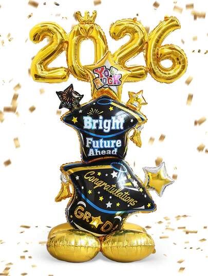 2pcs Black & Gold Graduation Cap Foil Balloons, Connected 2026 Foil Balloons, Suitable For 2026 Graduation Party, Elementary/Middle/High School/College Graduation Theme Party, Classroom Decor, Anniversary, Birthday, Photo Props, Decorations, School Events And Campus Decoration