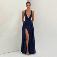 HERARIUM 2026 European And American Women's Fashion Summer New Solid Color Elegant Sleeveless Halter Strap Slit Long Dress Wedding Guest Dress Women Vacation Outfits Women Summer Dresses - Màu xanh đậm - Xem 8