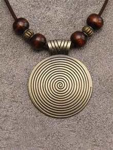 1pc Threaded Wooden Beaded & Geometric Shape Alloy Pendant Necklace For Women, Vintage Sweater Chain - Bronze - View 1