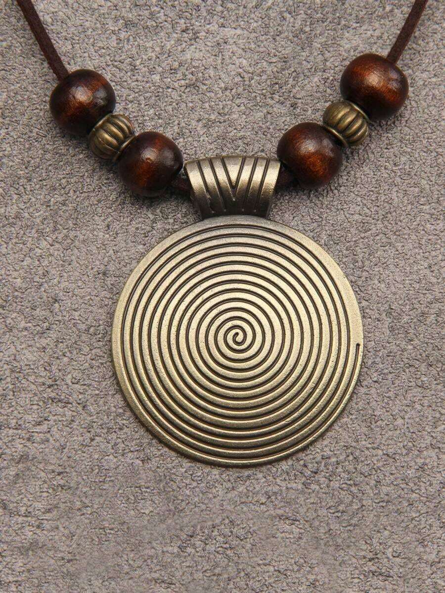 1pc Threaded Wooden Beaded & Geometric Shape Alloy Pendant Necklace For Women, Vintage Sweater Chain - Bronze - View 1
