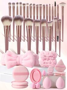 43件套高级全套化妆工具套装，含25支化妆刷、海绵、粉扑、发带、腕带和刷子清洁器 - 女士女孩豪华美容礼品套装 - 粉色 - 查看 1