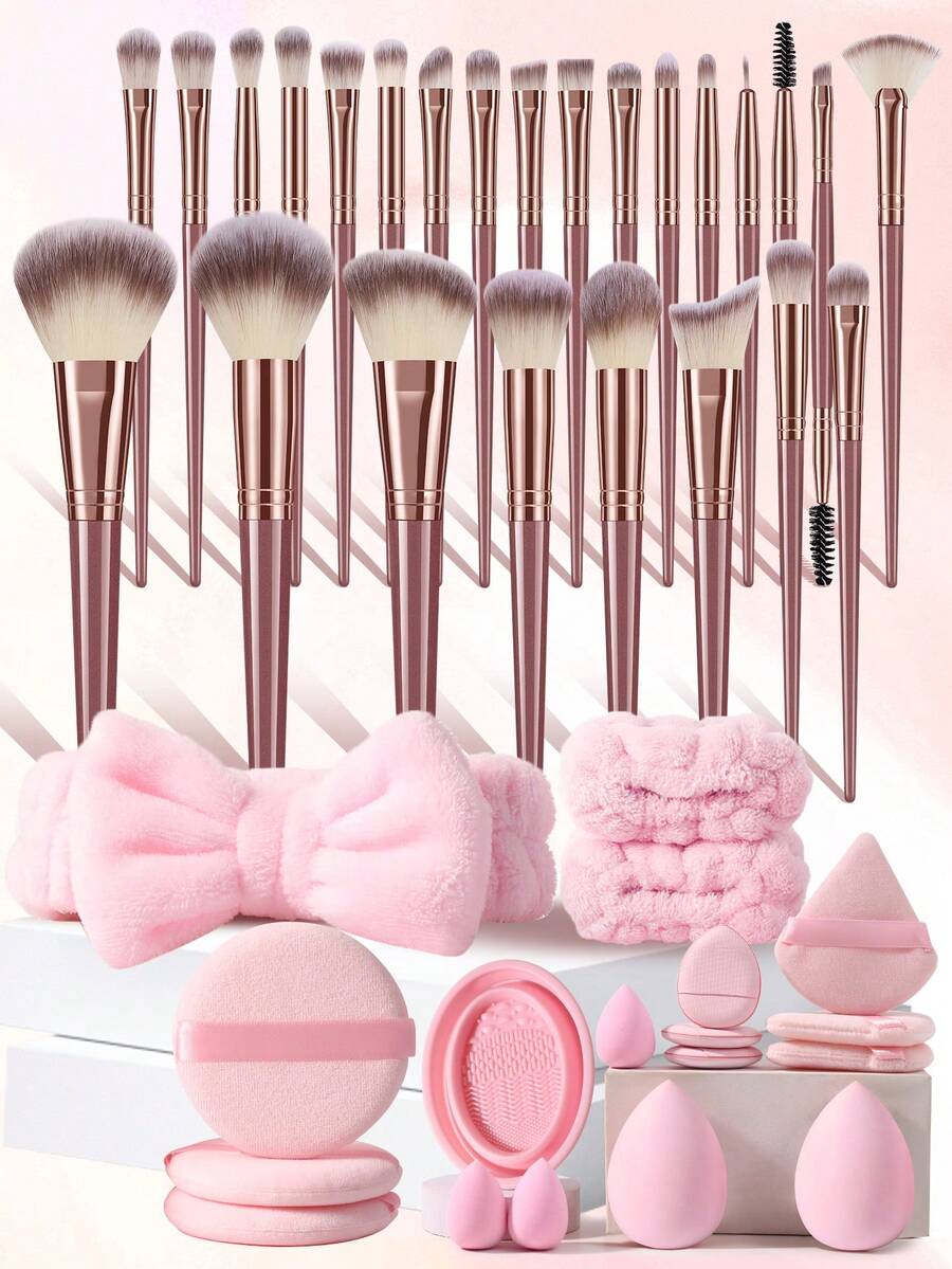 43件套高级全套化妆工具套装，含25支化妆刷、海绵、粉扑、发带、腕带和刷子清洁器 - 女士女孩豪华美容礼品套装 - 粉色 - 查看 1