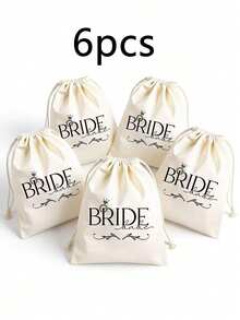 6pcs Linen Drawstring Gift Bags - Featured With "Bride" Theme, These Linen Drawstring Pouches Can Serve As Exclusive Packaging For Wedding Party Favors, Bridal Gifts, And Organizational Storage. Ideal For Wedding Ceremonies, Engagement Parties, New Year Gatherings, Birthday Celebrations, Mother's Day, Father's Day, Housewarming Parties, Vintage-Themed Events, Anniversaries, And More. - One Size Fits All - View 8