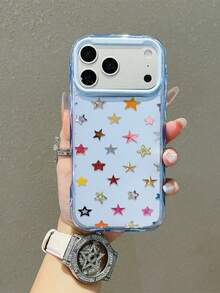 1pc Artistic Light Blue Personalized Line Colorful Pentagram Pattern Printed Phone Case, PC Hard Shell 3D Wavy Rim Phone Case, Enhanced Camera Frame Protection, Compatible With IPhone 17/17Pro/17ProMax/17Air, Holiday Gift, Compatible With IPhone 17 ProMax, Compatible With IPhone 13, Comfortable Anti-Slip Phone Case - Blue - View 1