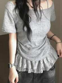 Bộ đồ nữ mùa xuân/hè mới về gồm áo dệt kim phối nơ, xếp ly ren hở vai và áo hai dây tối giản. - Xám - Xem 3