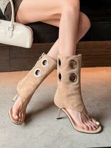 Sepatu Bot Setinggi Paha Berkerut Baru 2026, Sepatu Bot Berkuda Tinggi Vintage Ujung Lancip, Sandal Jepit - Khaki - View 10