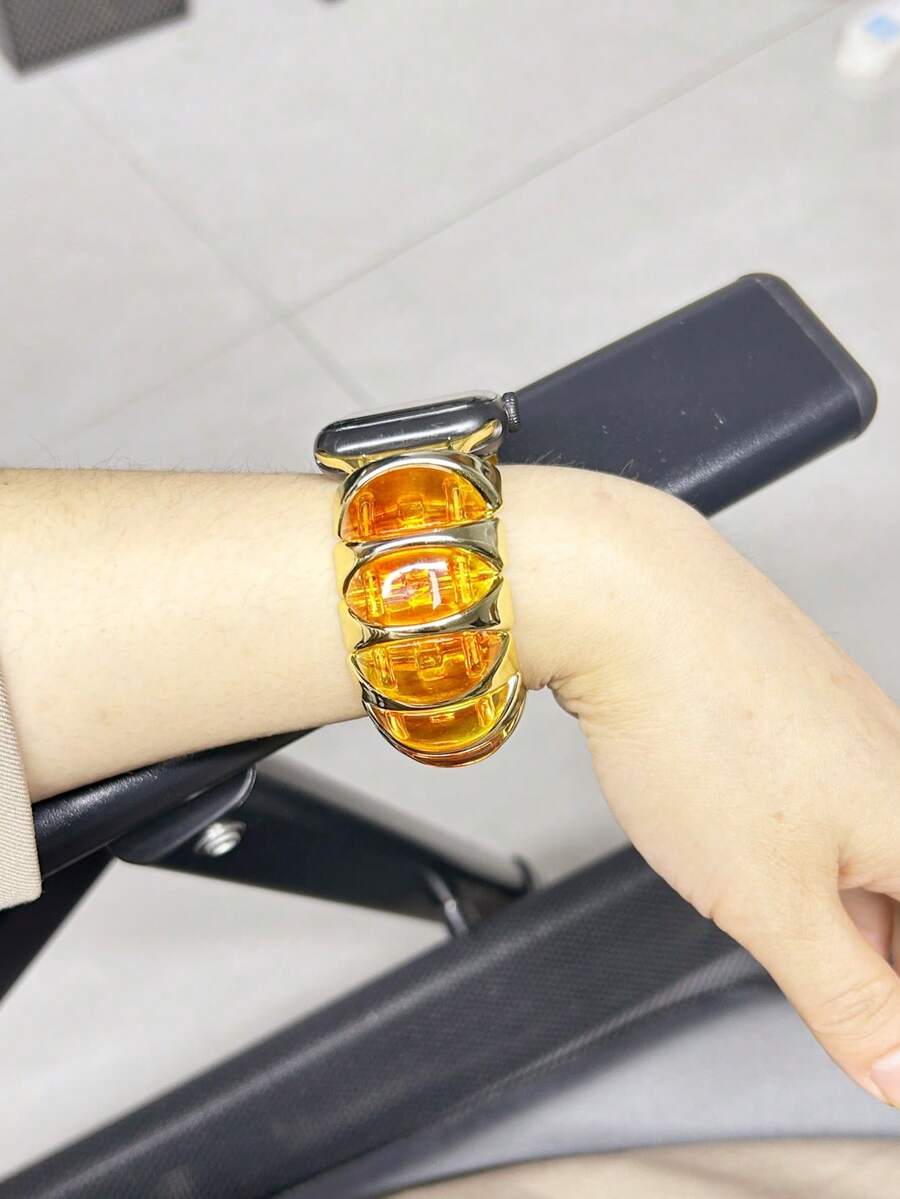 1条奢华多色树脂镀金多功能弹力表带 - 粗款透明琥珀色撞色拼接二合一手链,配备创新通用连接器和14mm/22mm弹簧杆,兼容大多数智能手表和传统手表(38-49mm),新品上市 - 多用途錶帶 - 查看 1