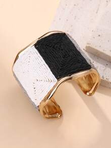 1pc Fashionable Bohemian Retro Handmade Rectangular Pattern Contrast Color Woven Adjustable Wide Bracelet For Women, Unique Niche Design, Suitable For Vacation, Party, Market And Daily Wear - Black, White and Gray - View 6