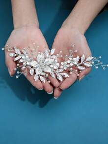 1pc Iron Leaf & Pearl Rhinestone Hair Clip - Silver - View 2