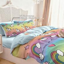 Juego de 3 piezas (1 Funda nórdica + 2 Fundas de almohada, sin relleno), Juego de ropa de cama con estampado de poni y arcoíris de dibujos animados coloridos, Suave y agradable para la piel, Apto para todas las estaciones. Disponible para cama doble extra grande, Cierre con cremallera, Lavable a máquina, Excelente decoración de dormitorio o regalo - Multicolor - Ver 8