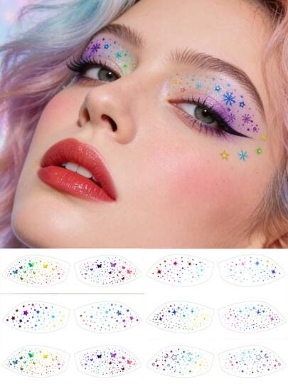 6张全息彩虹闪光临时眼部纹身贴纸，闪亮蝴蝶星星月亮眼线纹身贴纸，珠光雀斑脸部贴花，适合女性，可用于锐舞音乐节、舞会、演唱会、夏季旅行等场合的化妆配件