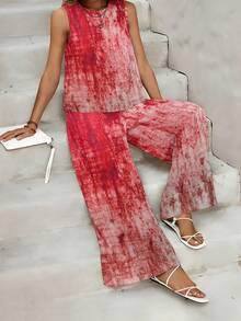 Plus Size Women's Two Piece Set, Red Background Distressed Mottled Print Sleeveless Vest And Wide Leg Long Pants Two Piece, Loose Straight Version, High Waisted Wide Leg Pants With Pockets, Suitable For Festival Parades, Outdoor Leisure, Vacation Daily, Early And Midsummer Travel Outfits - 彩色 - 查看 3
