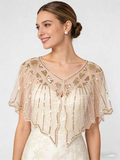 1 pieza Chal con flecos de cuentas estilo vintage de los años 20 - Patrón floral hecho a mano, corte elástico, adecuado para bodas y eventos formales, accesorio retro con encanto para mujeres, pieza de superposición para bodas | Decoración brillante | Bordado exquisito, se puede combinar con vestidos y abrigos
