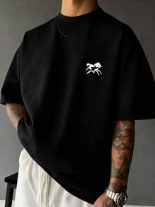 Camiseta de manga corta negra para hombre, estampado combinado de caballo blanco y estrella de cinco puntas en el pecho, estilo callejero americano, ropa casual versátil - Negro - Ver 7