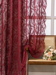 1pc French Countryside Style Floral Lace Trim Curtain Sheer, Holiday Decor - Red - View 11