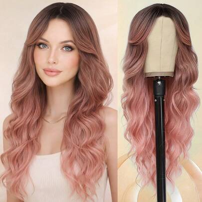 26英寸渐变色假发，女士长款波浪假发，中分，合成耐热假发，适合日常派对佩戴