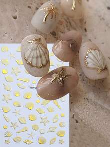 2 片装 3D 立体烫金海洋海星贝壳美甲贴纸，金色多款扇贝海螺自粘美甲饰品，Y2K 海洋系列生物美甲贴纸装饰 - 彩色 - 查看 2
