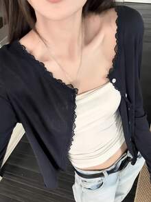 女士春夏新款蕾丝拼接花卉饰边柔软针织开衫轻薄外套 - 藏蓝色 - 查看 3