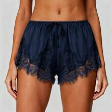 Boho Women's Lace Trim Satin Silk Shorts Shiny Elastic Waist Mini Shorts Pettipants Half Slip Shorts French Knickers Boyshorts For Dresses Full Coverage Underwear Lounge Pants - FJ305-海軍藍 - 查看 6