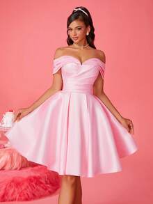 新款露肩女士优雅舞会礼服，半正式舞会礼服，适合生日、婚礼宾客、毕业典礼、返校节等场合，春季粉色 - 粉色 - 查看 5