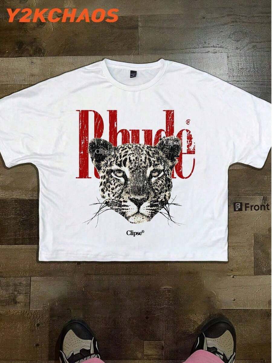 Y2KCHAOS Retro Streetwear Graphic Tee With Bold Leopard Print And Rhude-Style Typography, Oversized Fit For Urban Fashion Lovers, Perfect For Youth And -Setting Individuals Seeking Edgy Statement Wear, Vintage Style (220 Pure Cotton T-Shirt) Manfinity2026 - 白色 - 查看 1