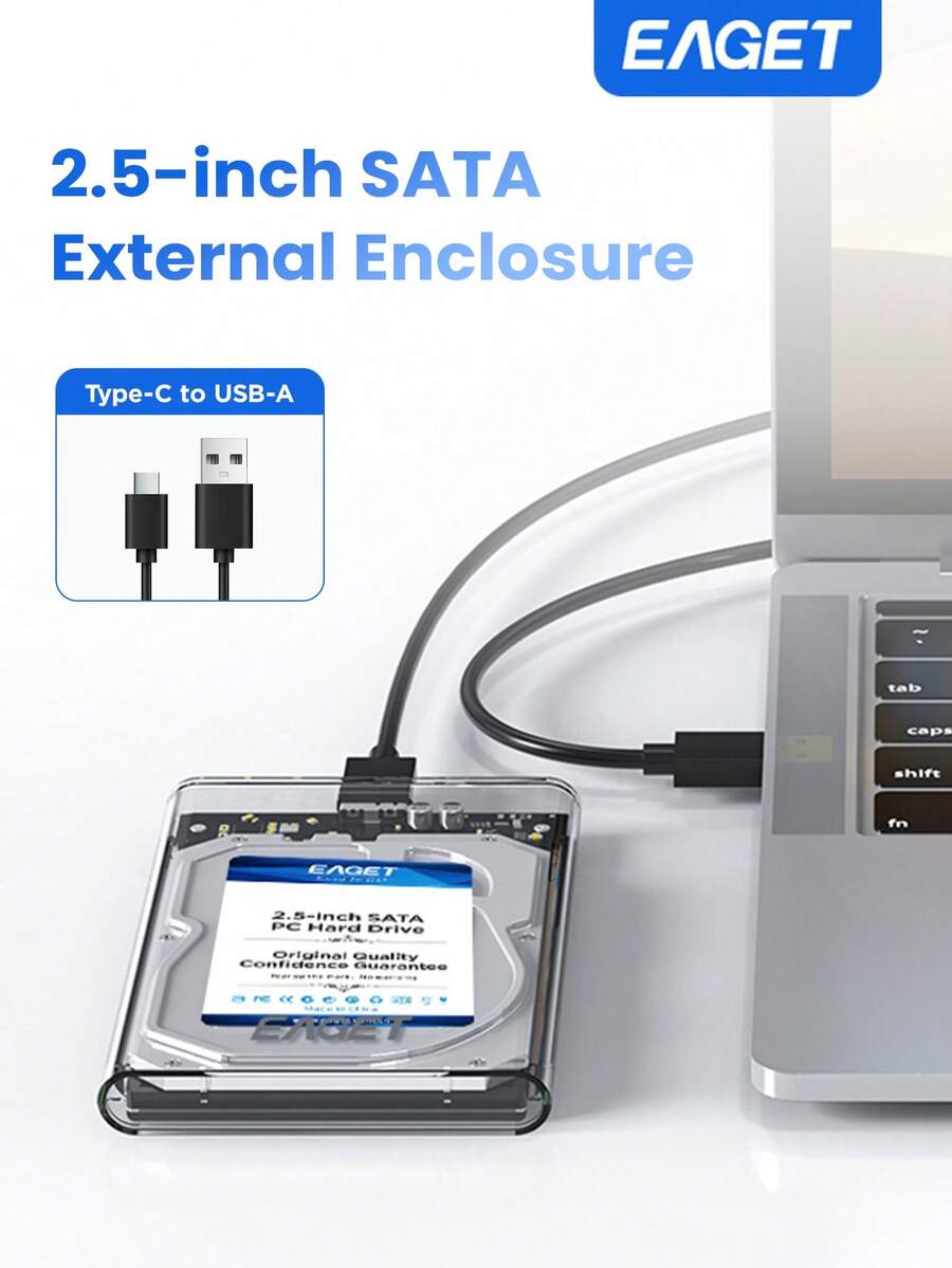 EAGET Portable Hard Drive Enclosure, SATA To USB 3.0 SSD Hard Drive Enclosure, 2.5 Inch HDD SSD External Hard Drive Enclosure, High Speed 5Gbps USB 3.0 To Type-C Transparent Portable Hard Drive Box, Compatible With PC/Laptop Windows System
