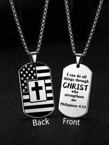 suteyi Men's Dog Tag Cross Necklace, Double-Sided Engraved American Flag And Bible Verse Pendant, Christian Baptism Jewelry Gift - Silver - View 12