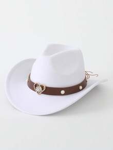 1 pieza Gorra de mezclilla con cadena de sombrero con perla falsa con forma de corazón, adecuada para equitación al aire libre, senderismo, conducción y fiestas, verano, playa - Sombrero de perla con forma de corazón - Ver 3