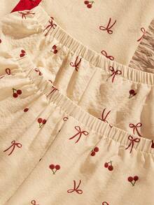 3pcs/Set Women's Comfortable Loose Cherry Pattern Bow Print Pocket Front Button Short Sleeve Shorts & Pants Pajama Set, Spring/Summer - Beige - View 5
