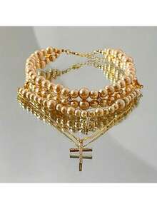 Collar de perlas multicapa vintage, elegante y adecuado para vestidos de noche de estilo gótico y fiestas diarias - Amarillo - Ver 4