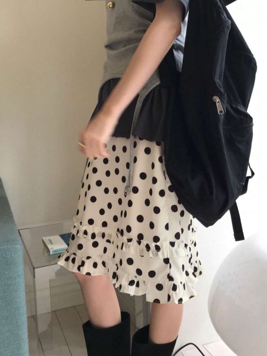韩版复古波点荷叶边系腰半身裙,青春百搭,初秋夏季新品 - 杏色 - 查看 1