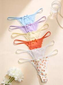 Aesletic 6pcs Comfortable Solid Color/Floral Print Women's Low-Rise Thong Panties - Multicolor - View 4