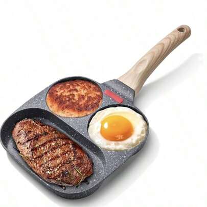 Frigideira de pedra Maifan com três compartimentos, indispensável para o café da manhã em casa. Frigideira multifuncional antiaderente para ovos, bifes e panquecas. Frigideira de alumínio antiaderente com três cavidades. Pode ser usada para fritar ovos, panquecas, omeletes, bifes e bacon.