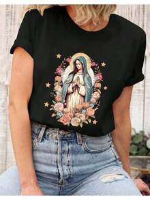 Women's T-Shirt "Pray For Us" Round Neck Short Sleeve Cotton Basic Fashion, All Styles - 黑色 - 查看 2