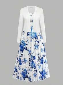 Women's Elegant Floral Print Pleated Waist Ruffle Hem Dress With Knit Cardigan Set, Suitable For Date, Valentine's Day, Casual Holiday Spring Vacation - 紫色 - 查看 12
