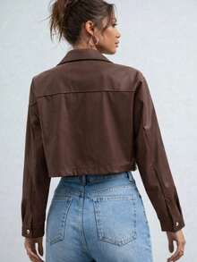 Casaco Curto Elegante  para Mulher, Manga Comprida Casual,  Botões  Bolsos , Primavera e o Outono, - Marrom - Visão 3