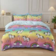 Juego de 3 piezas (1 Funda nórdica + 2 Fundas de almohada, sin relleno), Juego de ropa de cama con estampado de poni y arcoíris de dibujos animados coloridos, Suave y agradable para la piel, Apto para todas las estaciones. Disponible para cama doble extra grande, Cierre con cremallera, Lavable a máquina, Excelente decoración de dormitorio o regalo - Multicolor - Ver 1