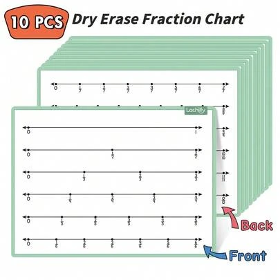 Double-Sided Fraction Charts Set | 10 Dry Erase Math Manipulatives | Visual Fraction Learning For Kids Ages 6-12 | Math Fraction Number Lines Cognitive Learning Tools | Homeschool Teaching Aids