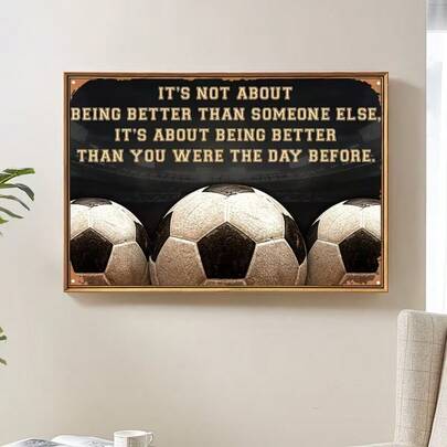 Tranh in trên vải canvas với câu nói truyền cảm hứng về bóng đá: "Điều quan trọng không phải là giỏi hơn người khác" - Không khung, kích thước 12x16 inch. Trang trí thể thao đầy động lực với hình ảnh quả bóng đá và sân vận động, phù hợp cho nhà cửa, phòng ngủ, văn phòng, quán cà phê, phòng bóng đá. Tranh nghệ thuật truyền cảm hứng | Tranh in câu nói động viên | Tranh in có vân, Trang trí phòng bóng đá.