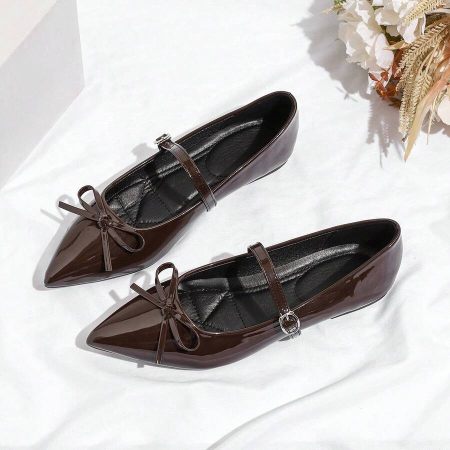 Women's Rubber Bow Tie Flat Shoes, Minimalist - Brown - View 1