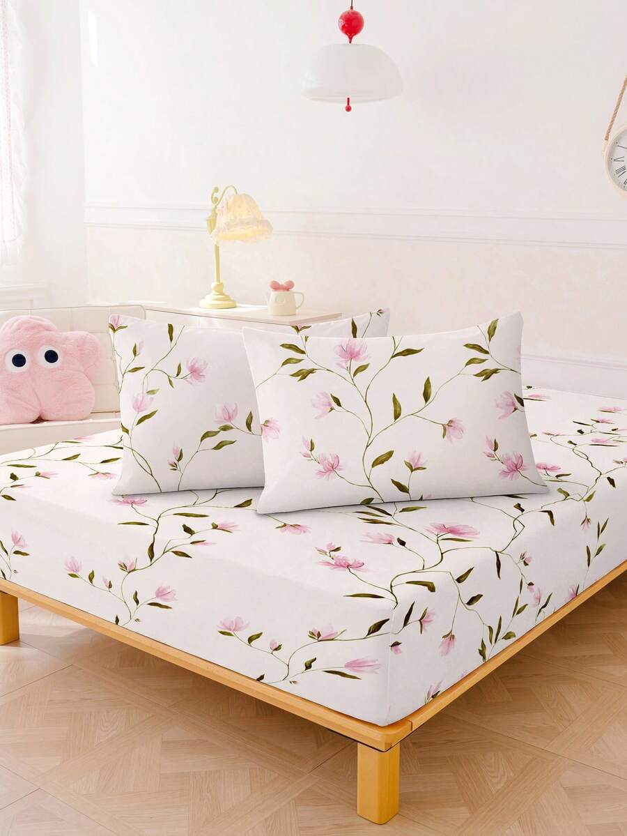 2/3pcs Soft & Cozy Bedding Set - 1/2pcs Floral Printed Bed Sheet Set With 1pc 12-Inch Thick Waterproof Mattress Protector, Suitable For All Bed Sizes (Twin/Full/Queen/King) - Pink - View 1
