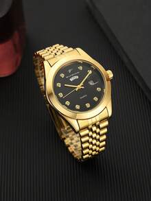 RICECGO Luxury Texture Men's Wristwatch, Exquisite Gold Strap, Rhinestone Dial With Dual Calendar Display, High-End Business Meeting Accessory - Gold - View 2