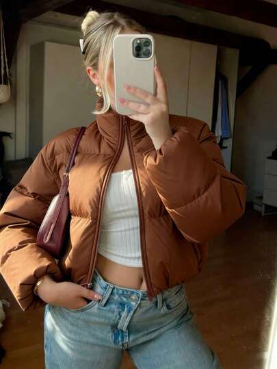 Versatile Women's Motorcycle Jacket In European And American Style, With A Stand-Up Collar, Drawstring Waist, Warm Quilted, Insulated, Short, Zipper Closure, High-Quality Thick Cotton Winter Jacket In New Street College Style, Women's Cold Weather Clothing