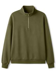 1pc Men's Loose Fit Half-Zip Collar Lightweight Solid Color Sweatshirt - Olive Green - View 10