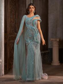 Luxuriöses Salbeigrün Pailletten Meerjungfrau Maxi Kleid mit elegantem Schal - Fesselndes Spiral Perlen Formal Kleid für Gala Hochzeitsparty - Minzgrün - Übersicht 2